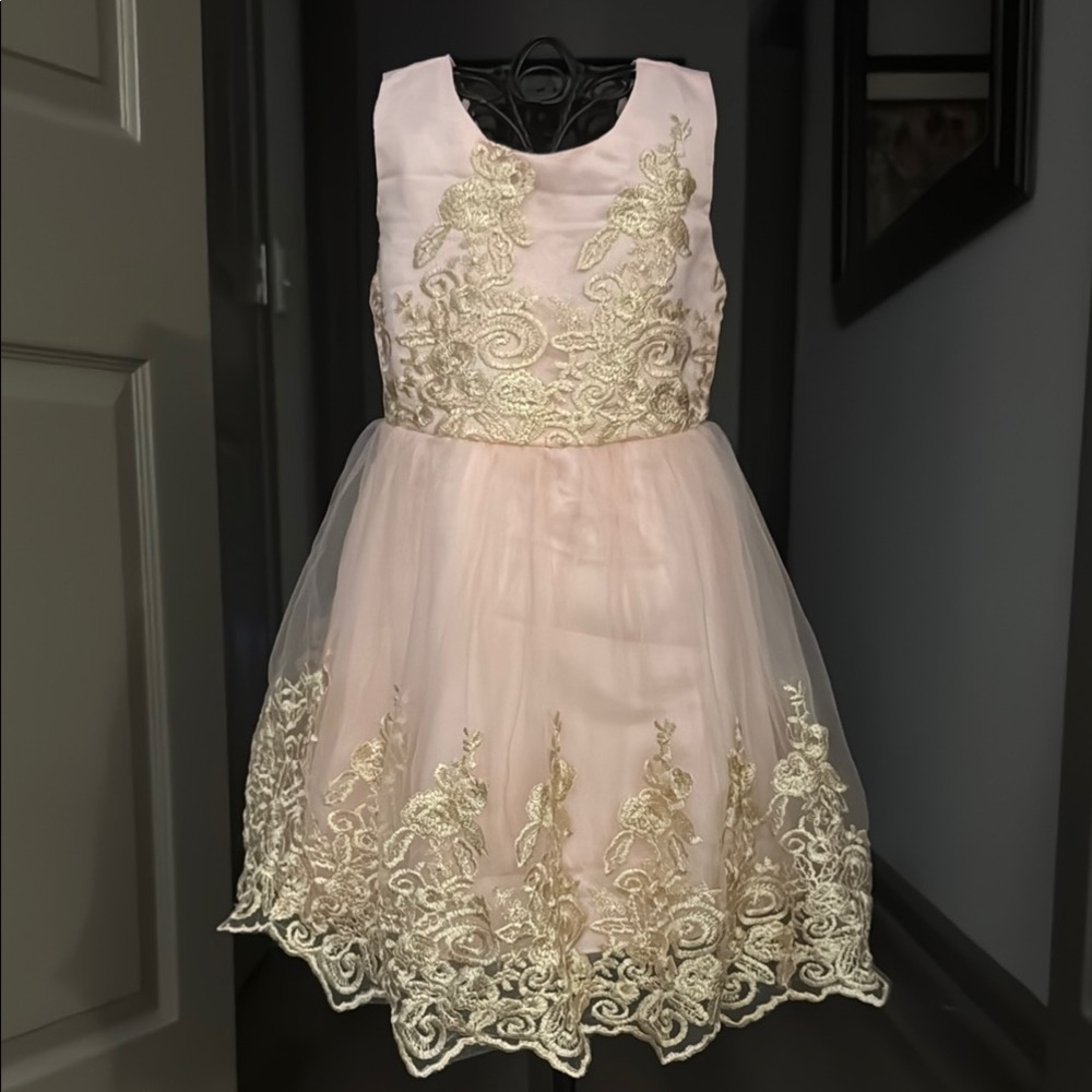Girls Elegant Pink and Gold Special Occasion Lace Dress Size 3T-4T